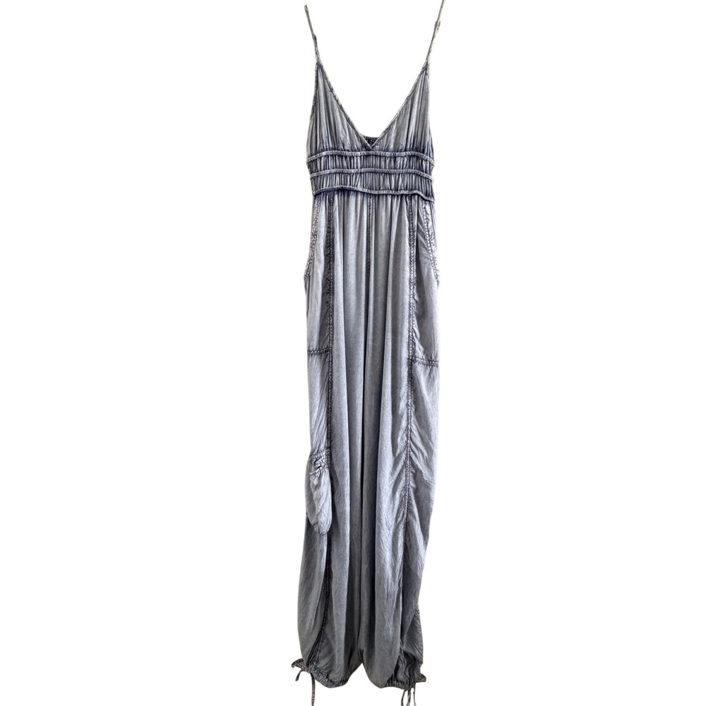 Out From Under Urban Outfitters Festival Jumpsuit Cargo Blue Gray Smocked XS - Picture 2 of 16